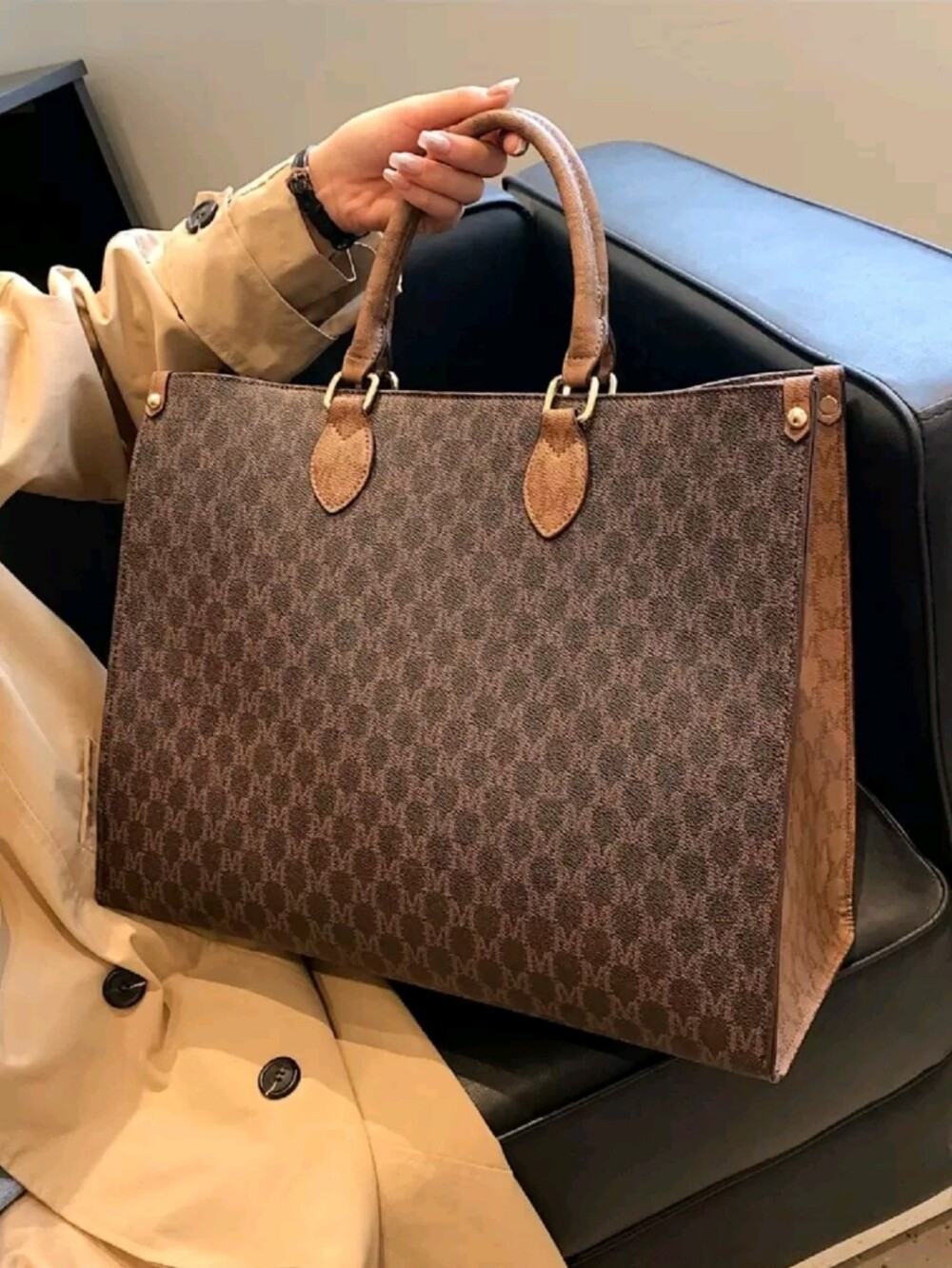 Brown Monogram Tote Bag - Luxury-Inspired Women's Handbag - Picture 5 of 6